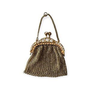 Antique Mesh Coin Purse with Rhinestone Frame‎ – Gilt Brass Miniature Bag